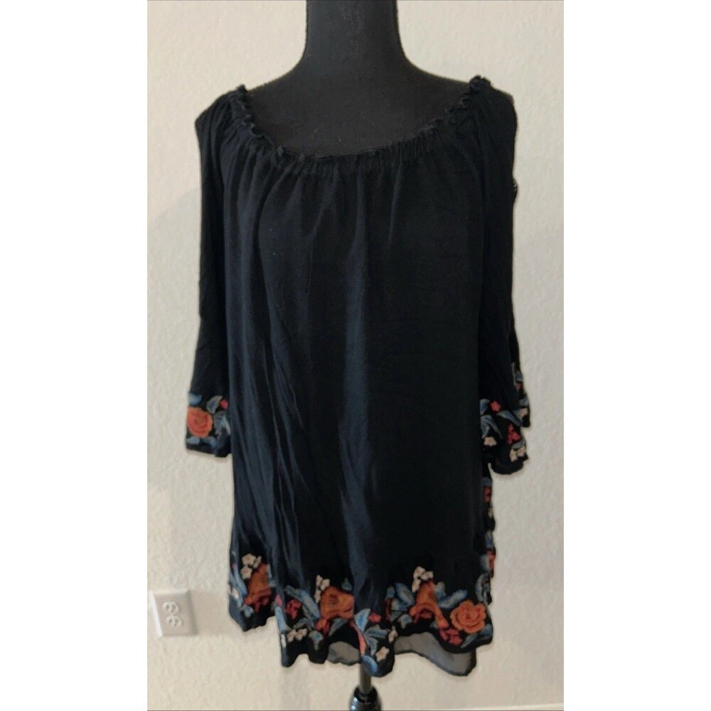 Umgee Whimsigoth Dress Small Black Floral Embroidered Off Shoulder Cottage Boho